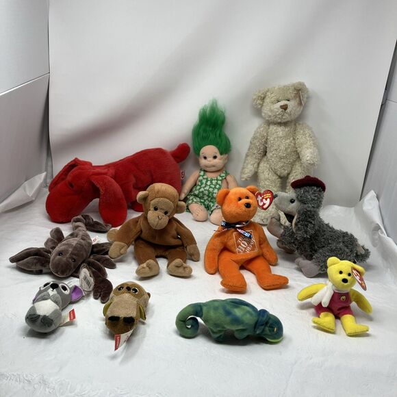 Ty Beanie Babies & Plush Lot of 11 Poodle Bear Scorpion Troll Dog Monkey Etc - Picture 1 of 13